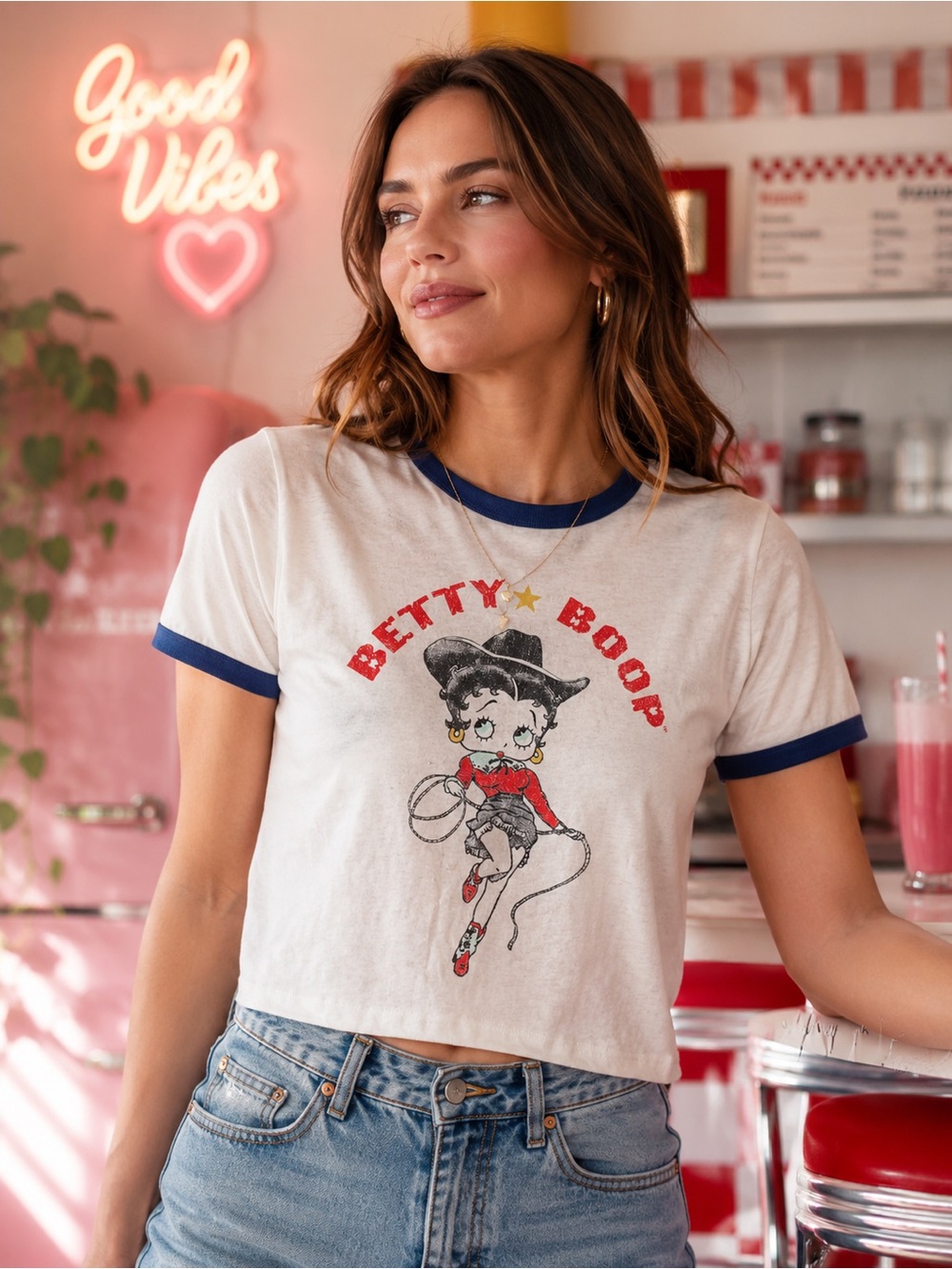 Betty Boop Graphic Ringer Tee - Cream with Navy Trim